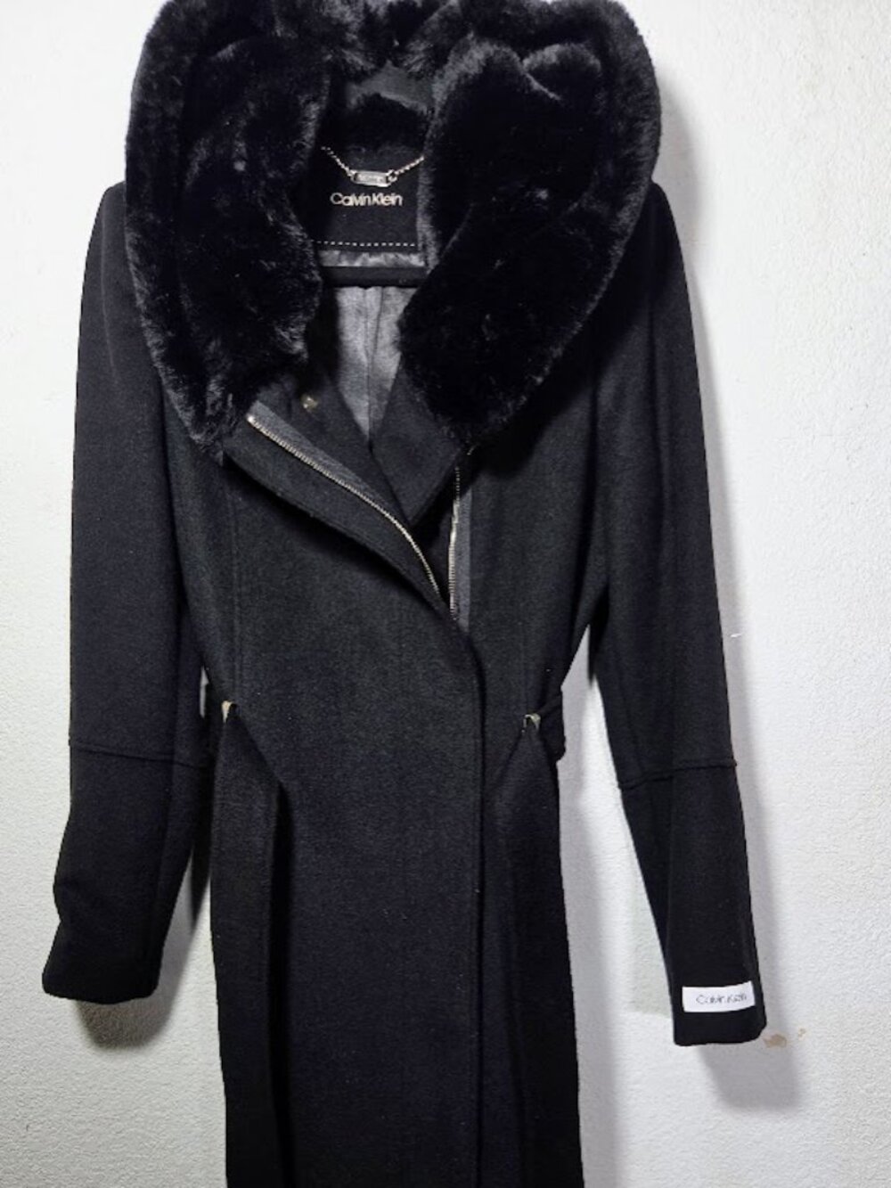 CALVIN KLEIN Black Faux Fur Collar Hooded Asymmetric Zipper Size S